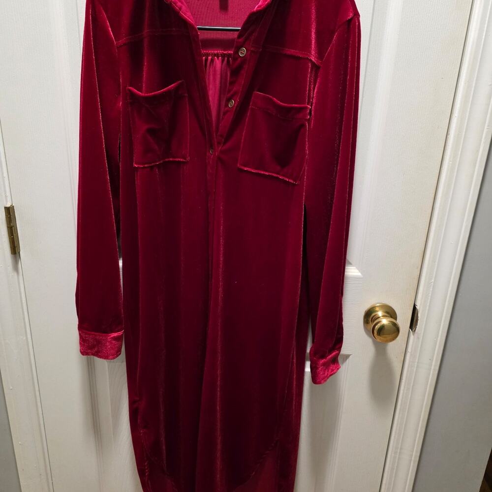 ​Umgee Burgundy Red Velvet Button Down Long Sleeve Midi Shirt Dress Size Small